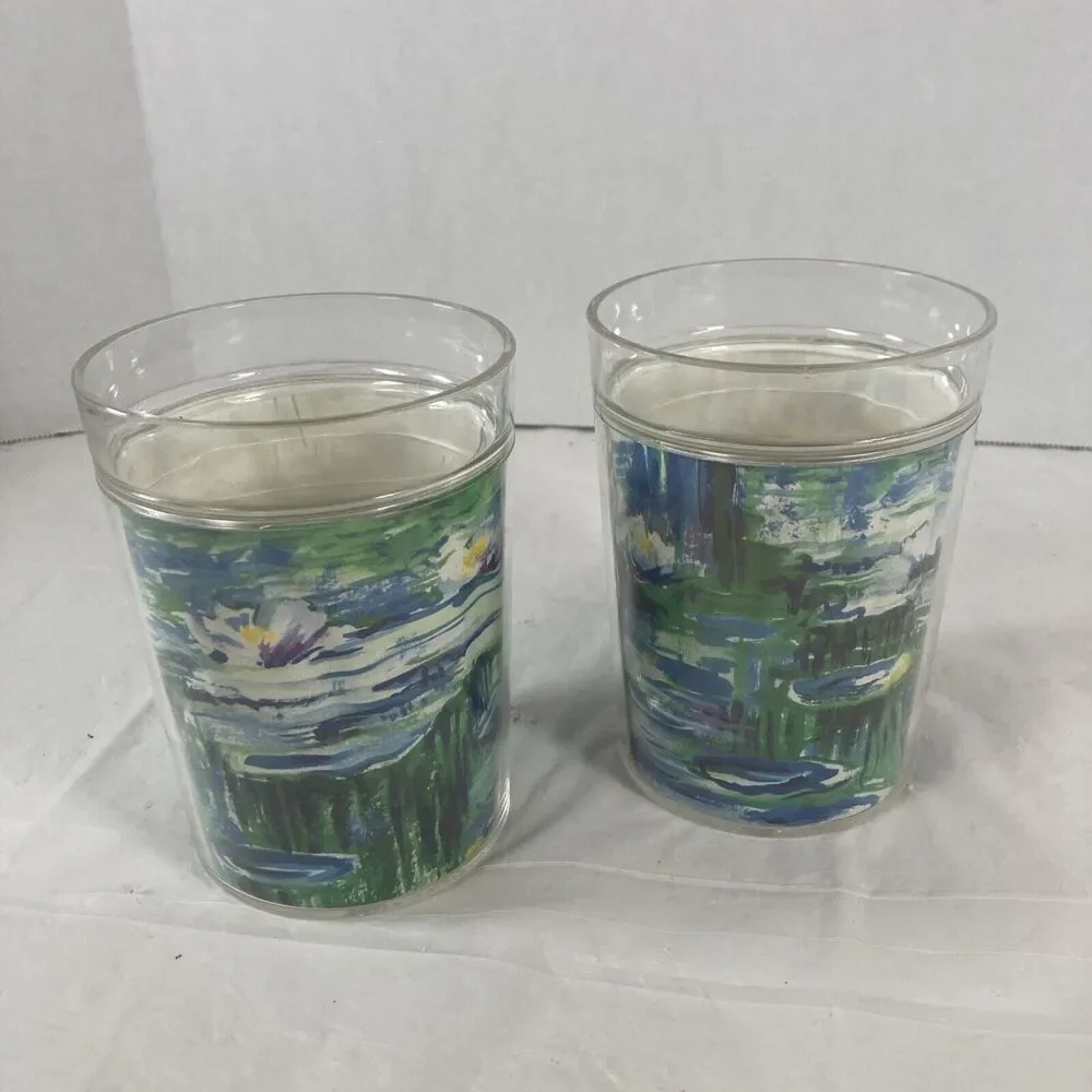 Novelty Crystal Corp Plastic Tumblers Floral Insert 12oz Set Of 2 USA Vintage